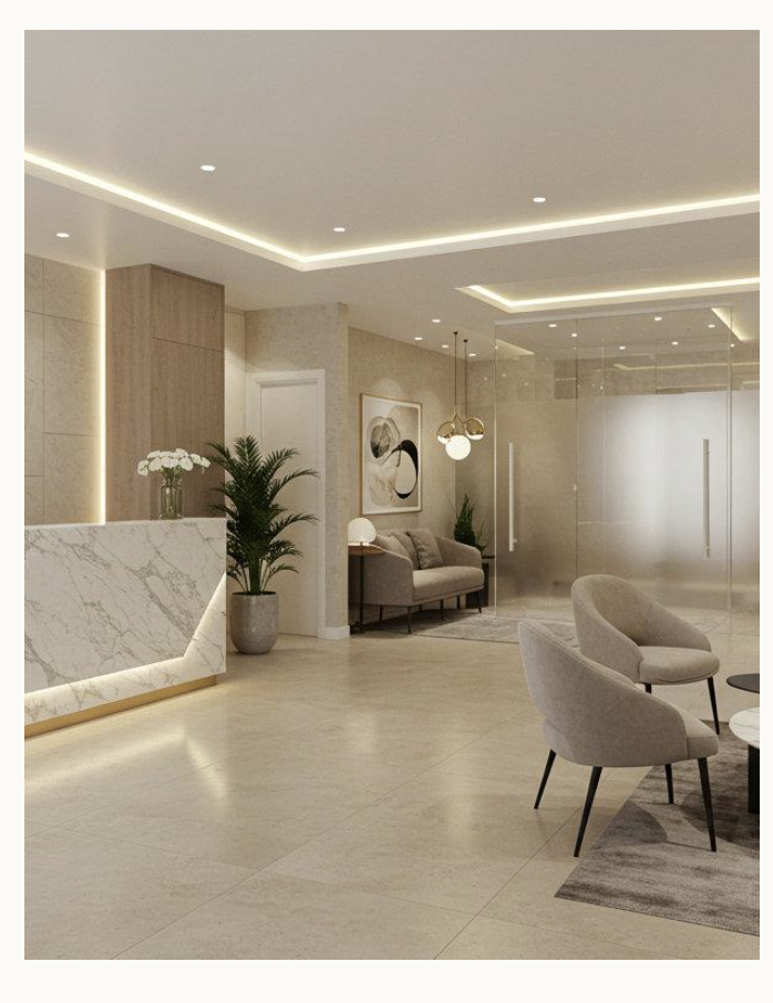 Warm, contemporary clinic reception shown as design inspiration