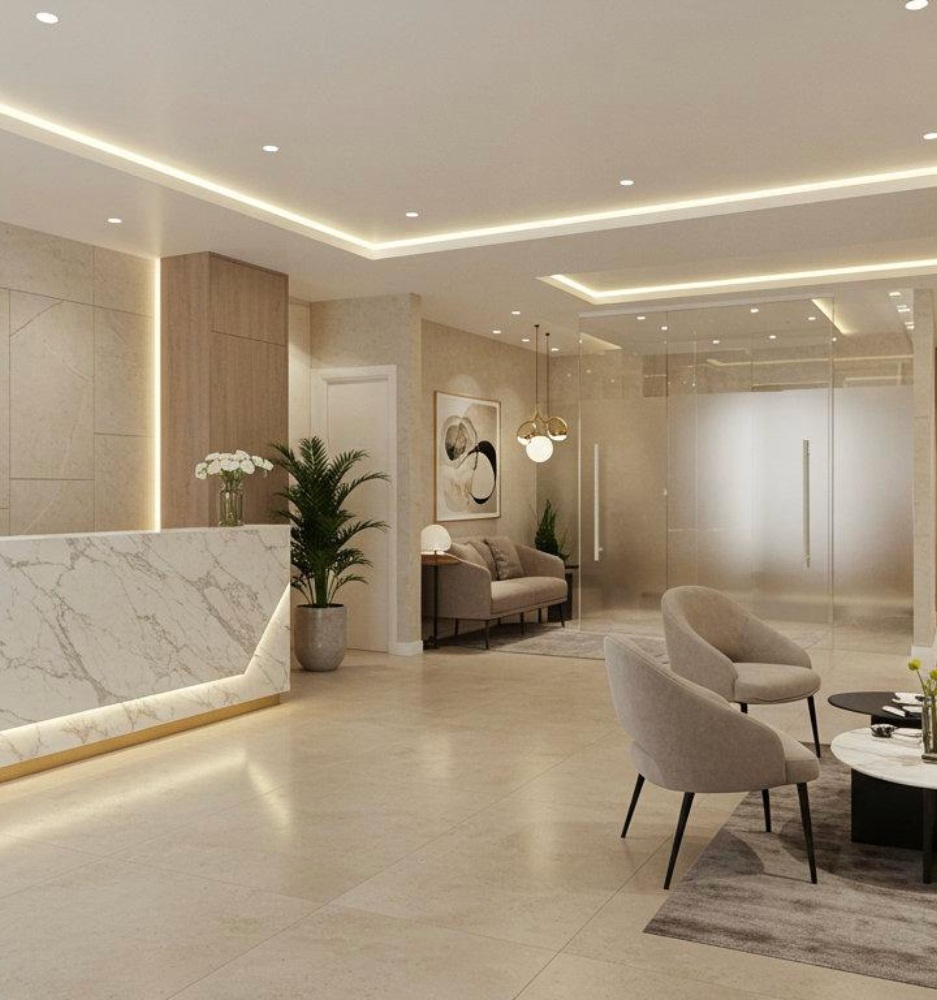 Warm healthcare reception shown as design inspiration