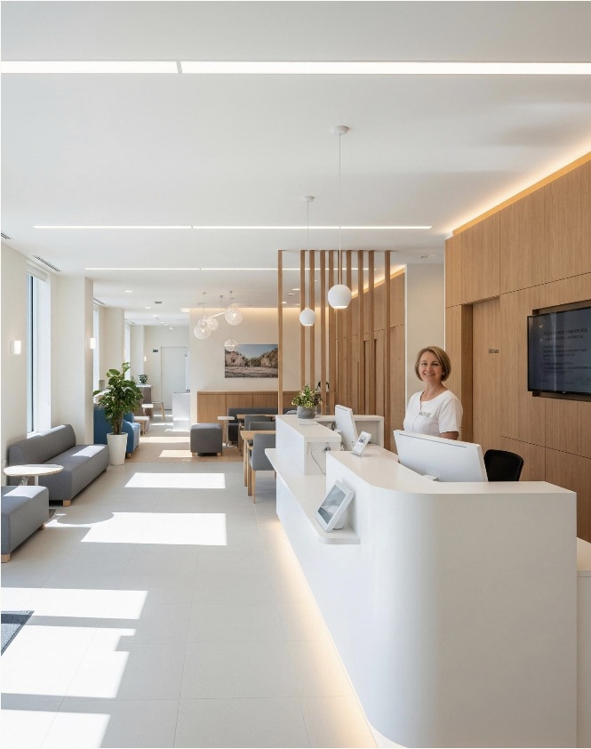 Bright healthcare reception shown as design inspiration